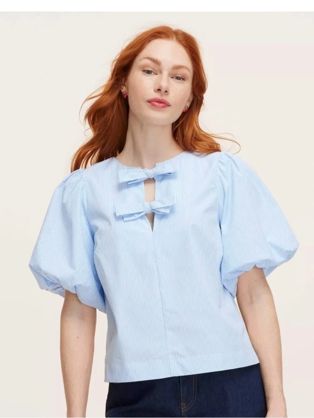 KATE SPADE X Target Striped Puff Sleeve Bow Blouse Top Shirt Blue S Nautical